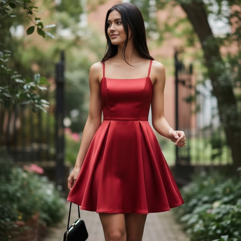 Ryanth Red Satin Fit & Flare Dress Lace-Up Back Valentine Date Night Prom